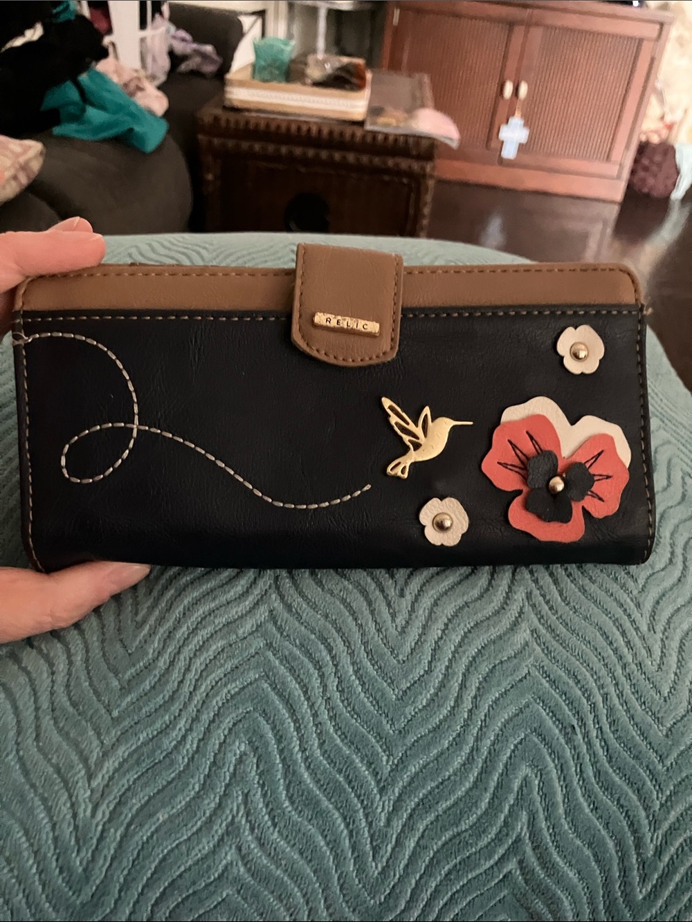 Relic Black and Tan Wallet with Coral Flower & Gold Hummingbird